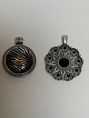 2 Necklace Pendants Silver Toned Black Beaded Animal Print